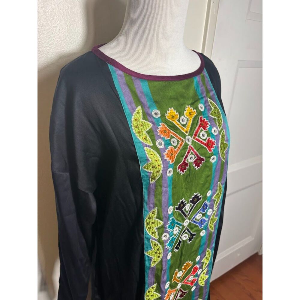 Gudrun Sjoden Dress Tunic Small Black embroidered Mirrored Lagenlook Art to Wear - Picture 6 of 8